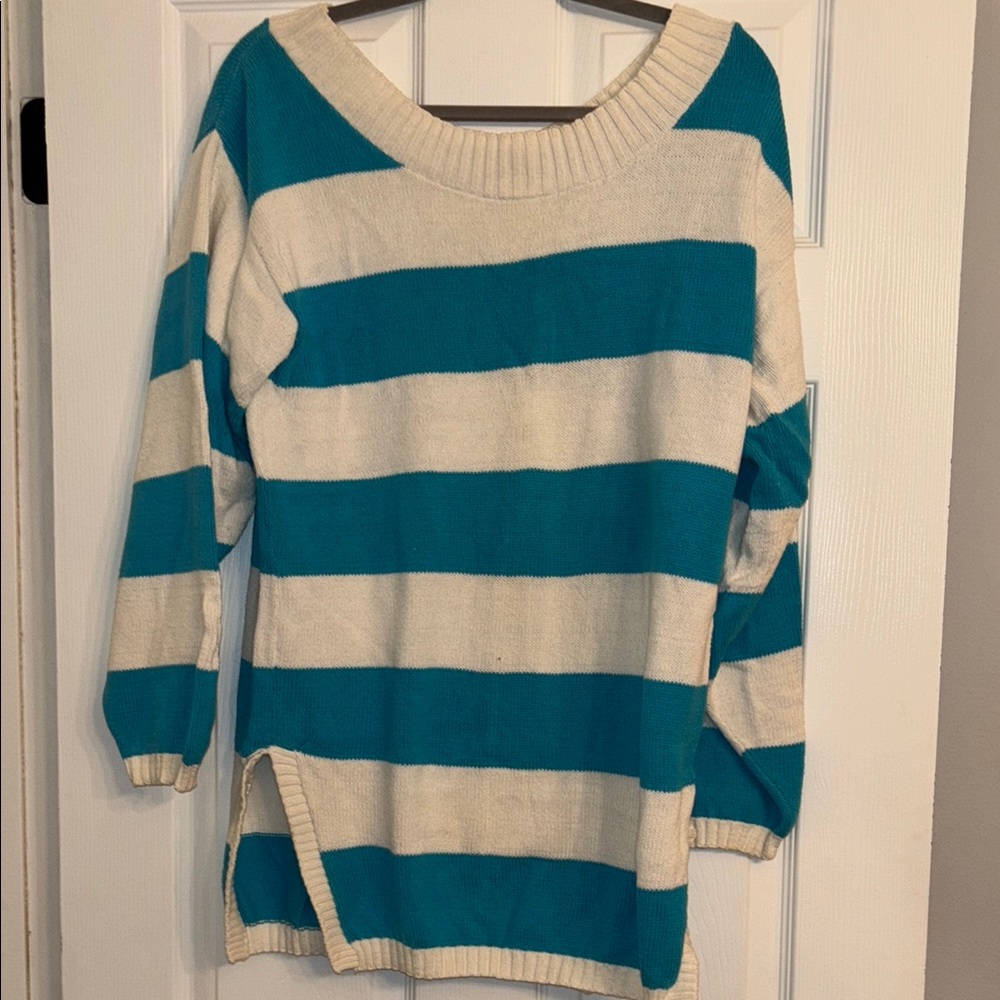Source Unknown Teal and Cream Striped Sweater